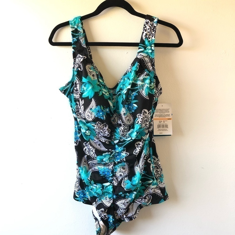 Manhattan Beachwear Plus Black Turquoise One Piece 24W